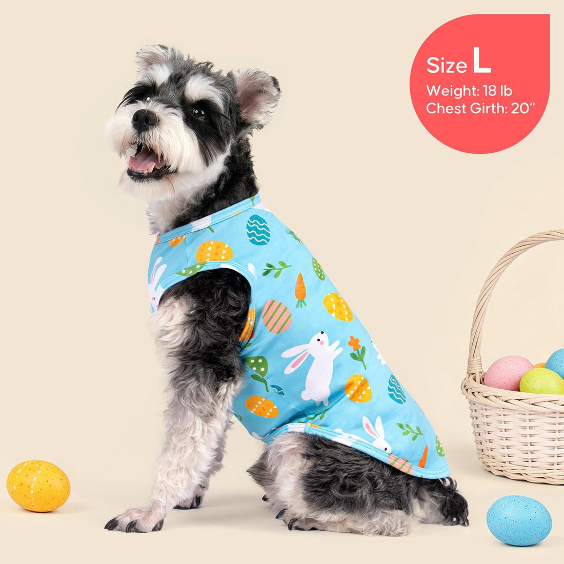Sleeveless Easter dog shirt in light blue with bunny and egg pattern, on standing dog.