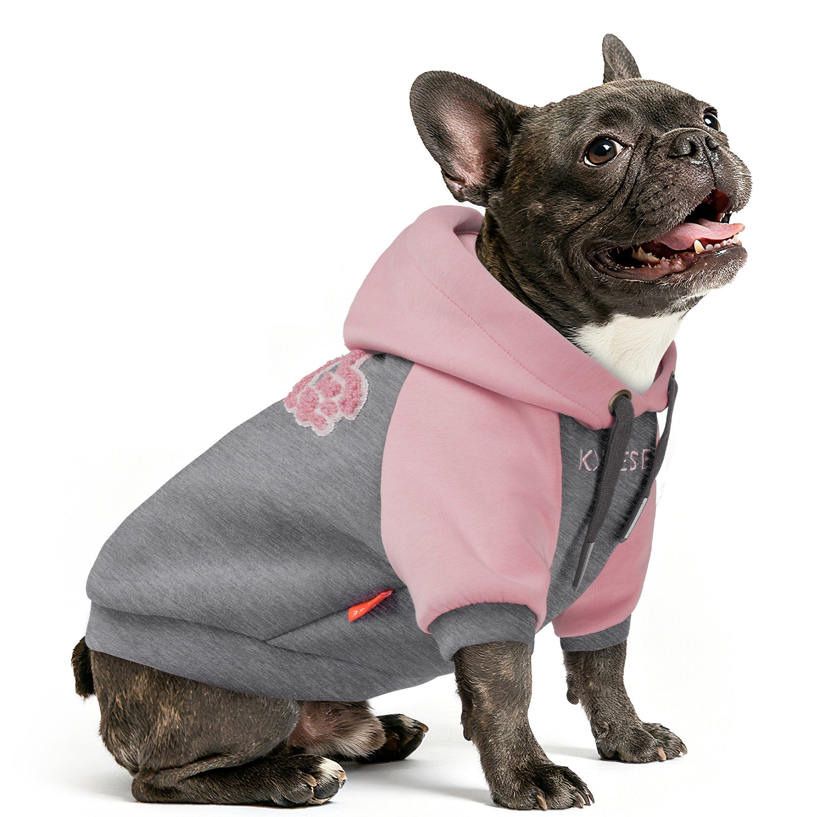 Winter dog hoodie with pink hood and gray body, paw patch, leash hole