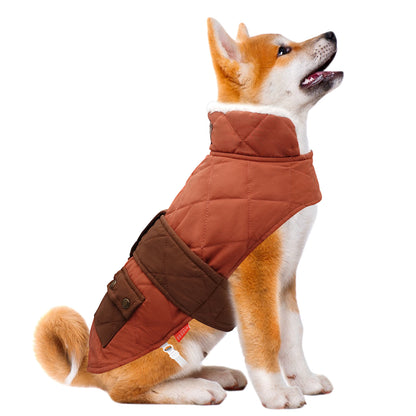 Quilted windproof dog coat with pocket, orange outer and dark side panels.