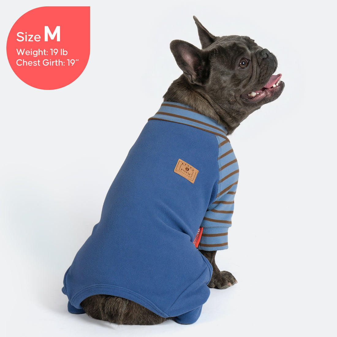 Blue thermal dog pajamas with brown-and-blue striped side panels and chest patch