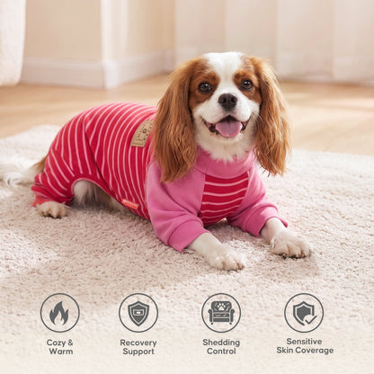 Red striped fabric beside close-ups of the pink turtleneck and belly opening