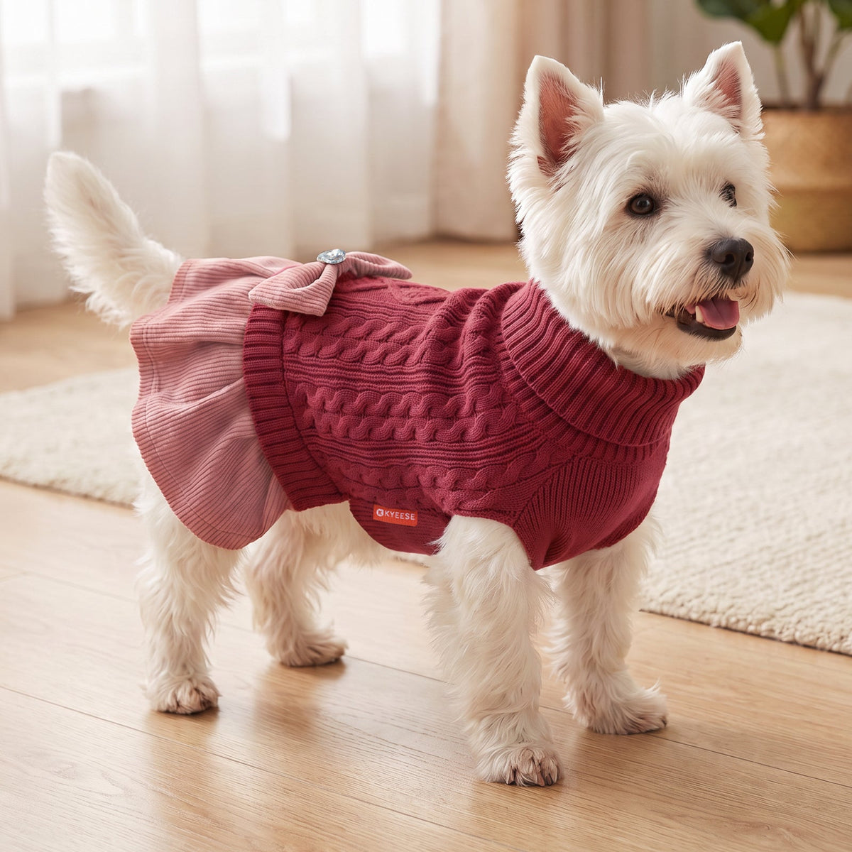 White dog standing indoors in burgundy cable knit dress with pink skirt, side view
