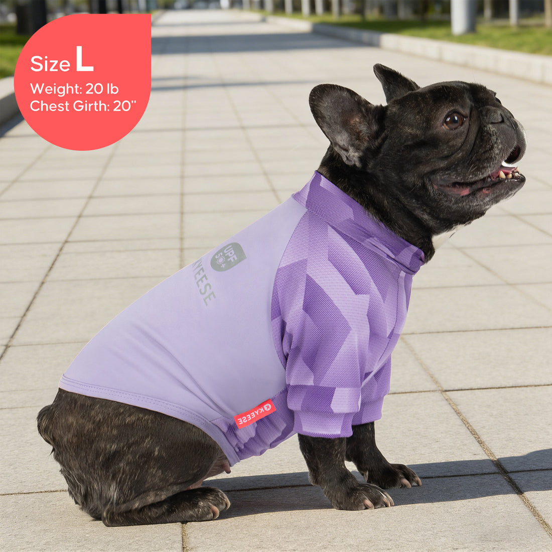 Purple-lilac UV-protective dog shirt with geometric chest panel and short sleeves