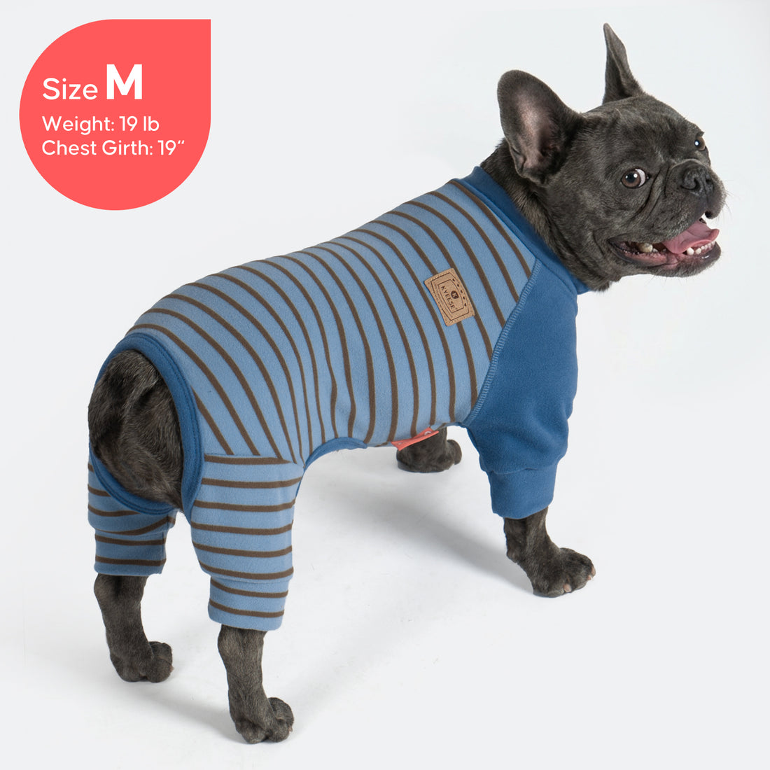 Blue thermal dog pajamas with striped side panels and small square chest patch