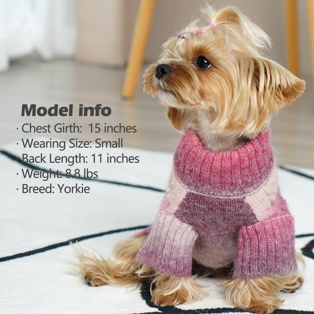 Striped knit dog sweater with turtleneck, pink and purple color blocks