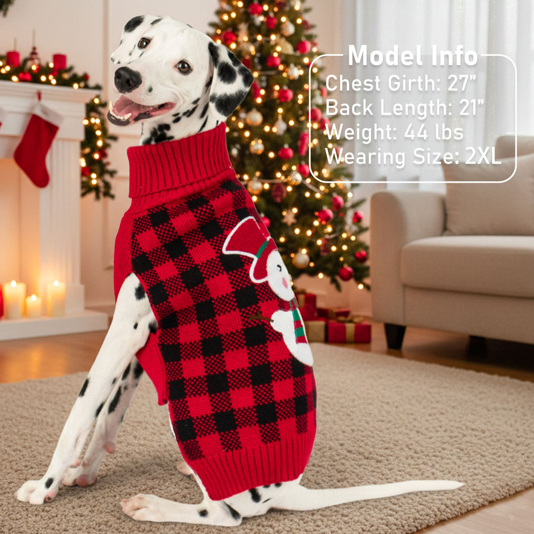 Dog sweater in red and black plaid with snowman applique and ribbed turtleneck