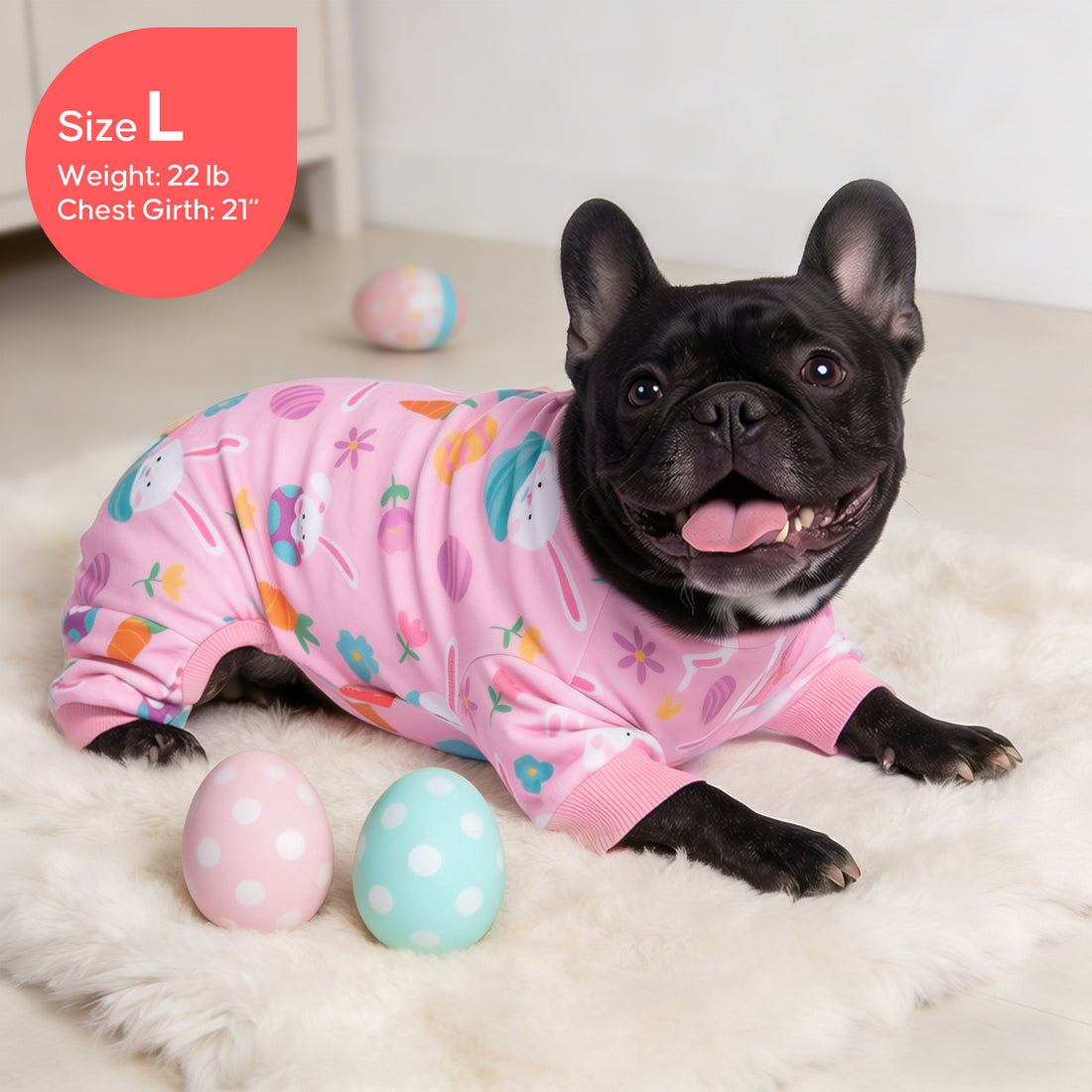 Pink Easter print dog onesie pajama with ribbed cuffs and high turtleneck collar