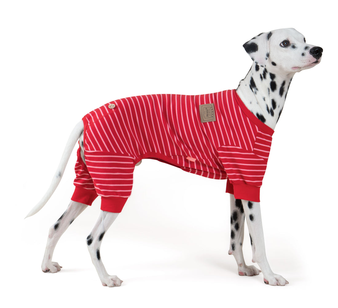 Red striped dog onesie pajamas with white lines, round neck, and snap tab chest