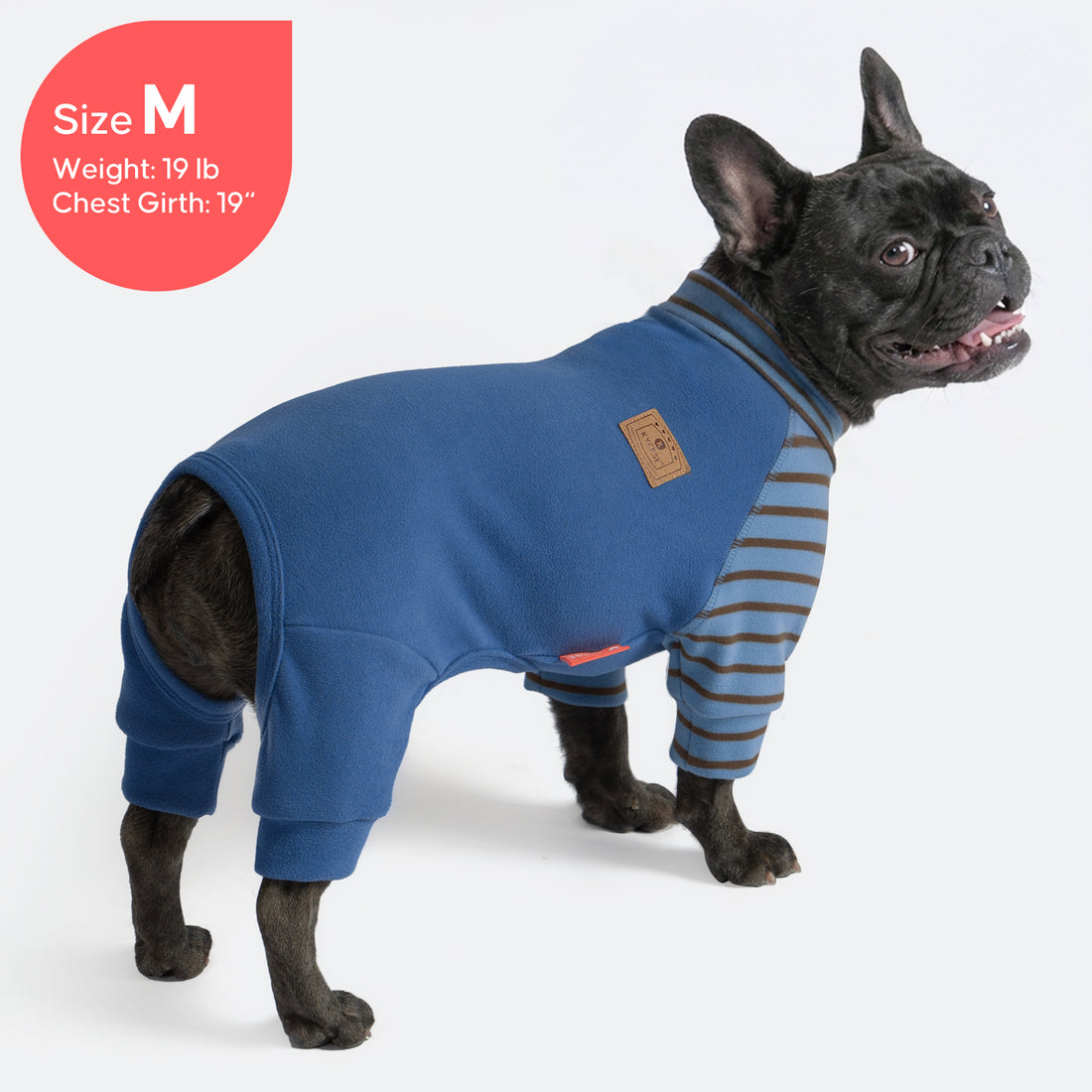 Blue striped dog thermal pajamas with long sleeves and turtleneck style.