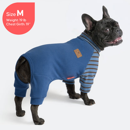 Blue striped dog thermal pajamas with long sleeves and turtleneck style.