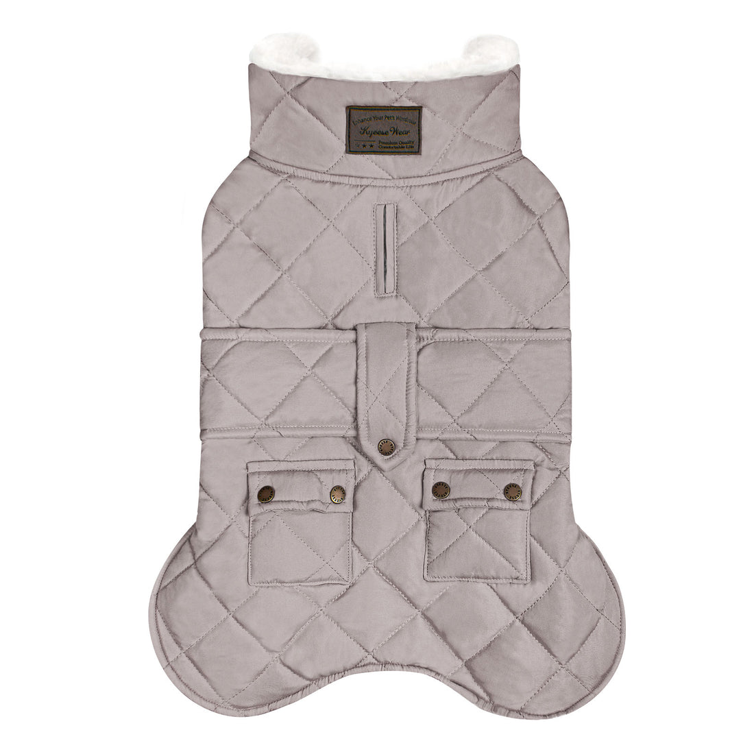 Grey quilted dog coat with hood, center zip, and two front pockets.