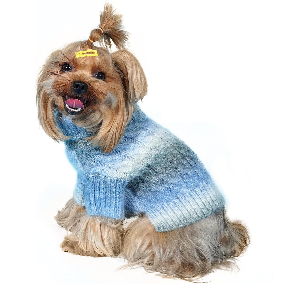Blue gradient fuzzy cable-knit winter dog sweater with ribbed turtleneck