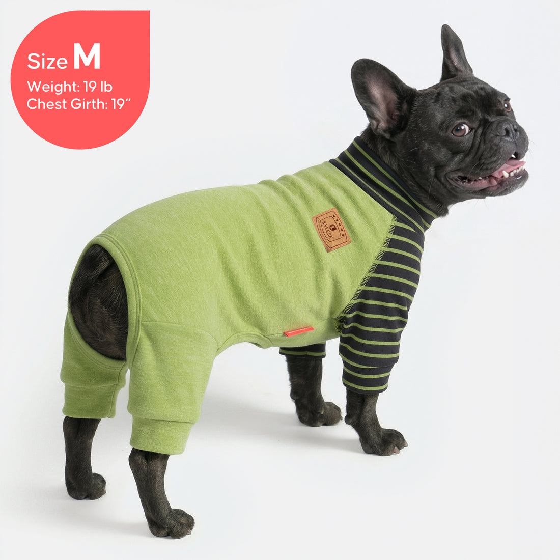 Green thermal dog pajamas with dark green striped turtleneck and front logo patch