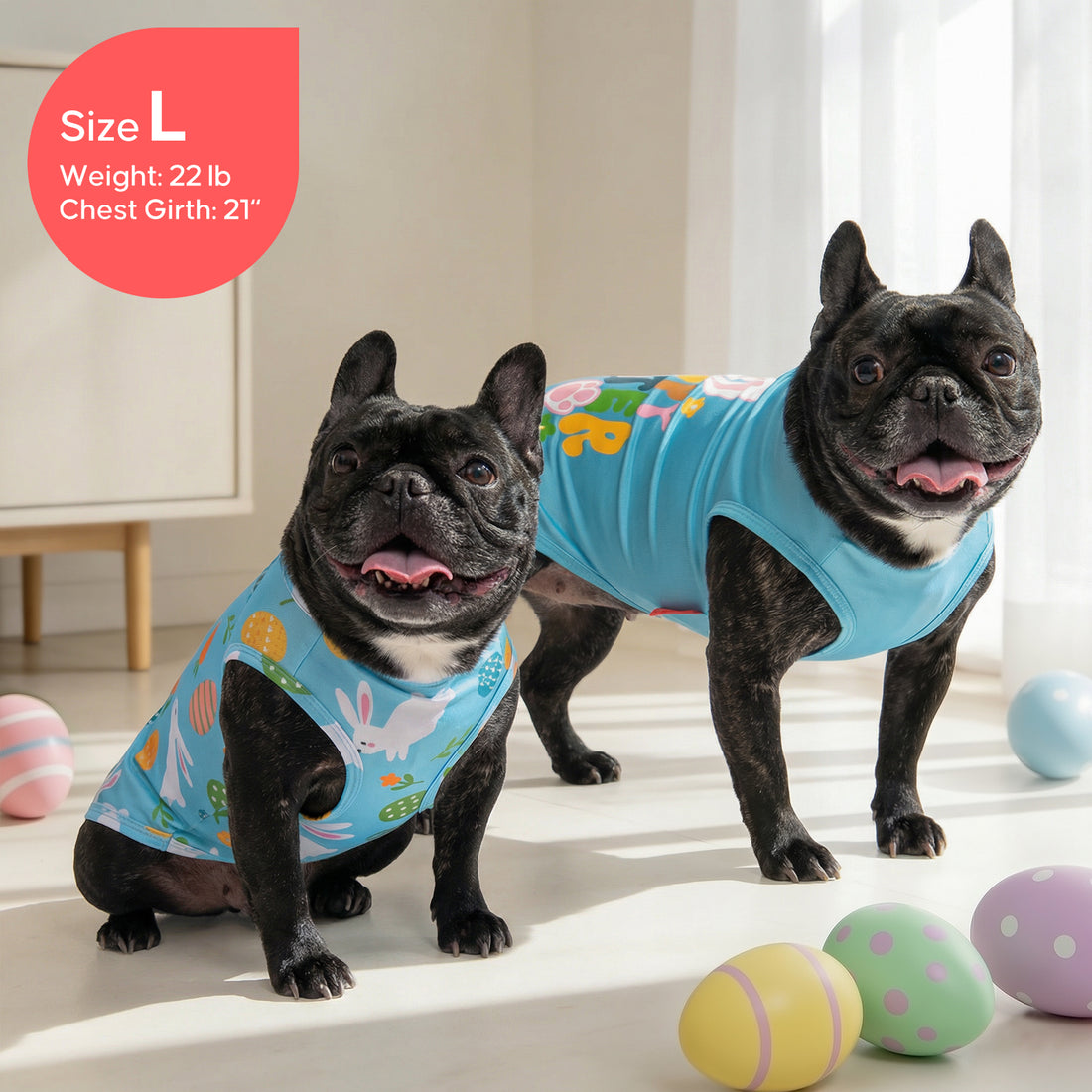 Light blue sleeveless Easter dog shirts with bunny-and-egg print on two dogs.
