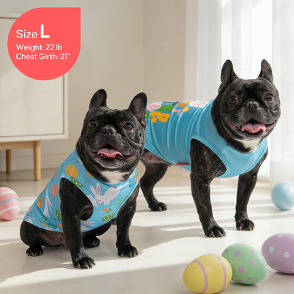 Light blue sleeveless Easter dog shirts with bunny-and-egg print on two dogs.