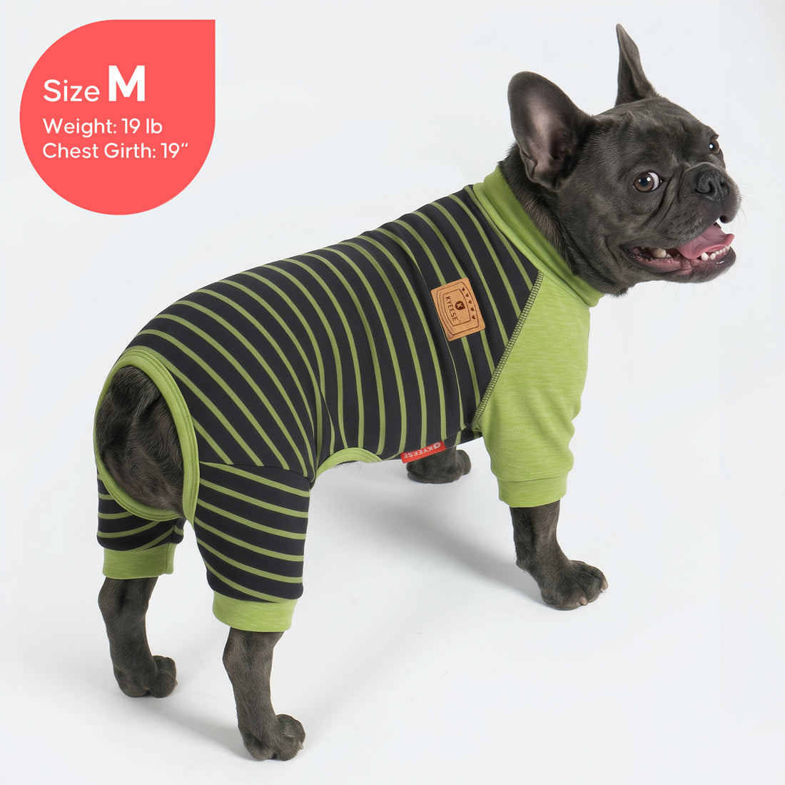 Green and black striped dog thermal pajamas with striped cuffs and belly fit.