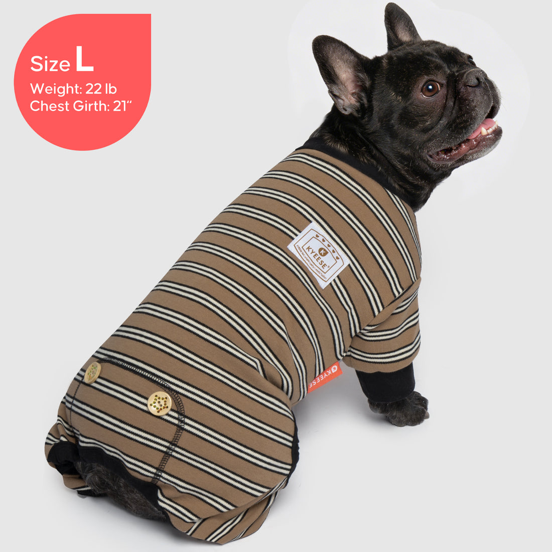 Striped dog onesie pajamas with logo patch and black cuffed sleeves