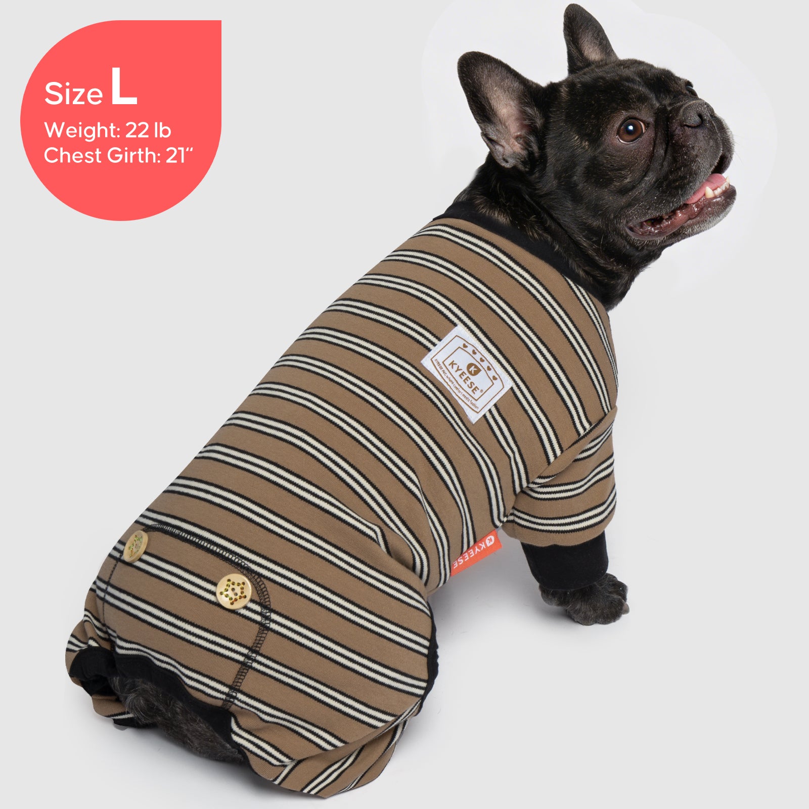 Striped dog onesie pajamas with logo patch and black cuffed sleeves