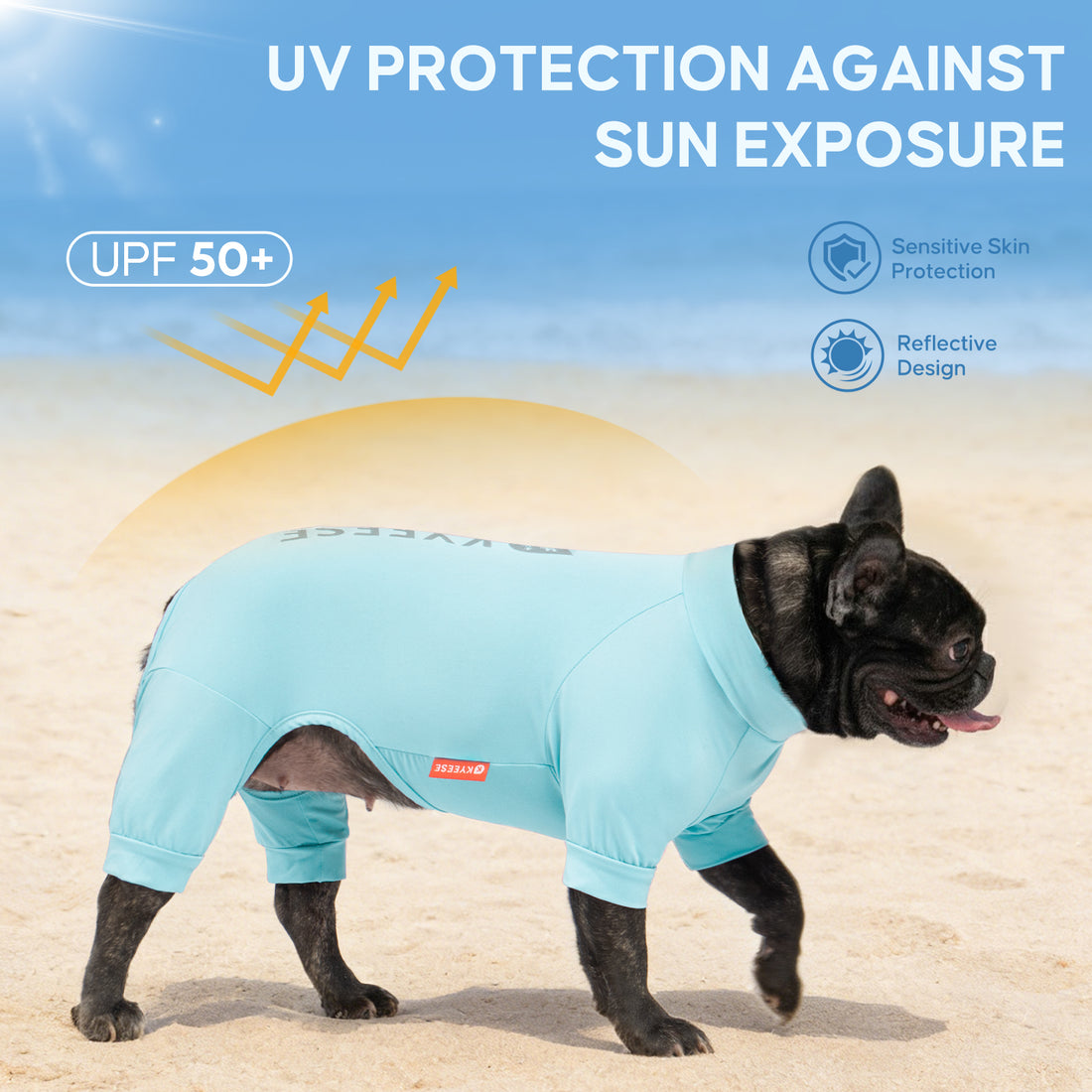 Light blue one-piece dog sun protection pajama suit with short sleeves and legs