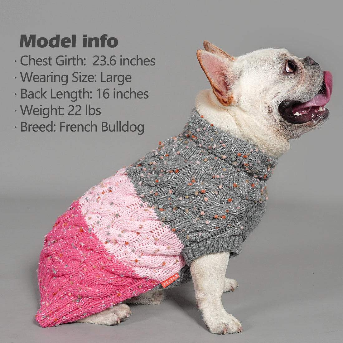 Color-block dog sweater in gray speckled knit with pink and white panels
