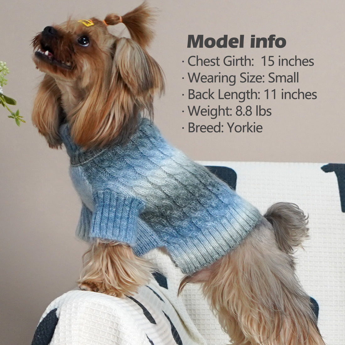 Blue gradient fuzzy cable-knit winter dog sweater with long sleeves