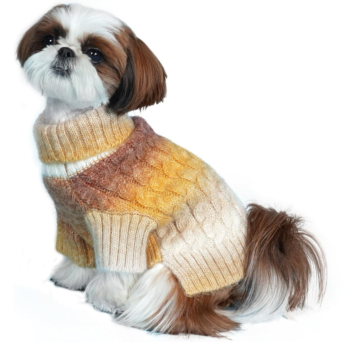 Yellow to brown gradient fuzzy cable-knit dog sweater with ribbed turtleneck