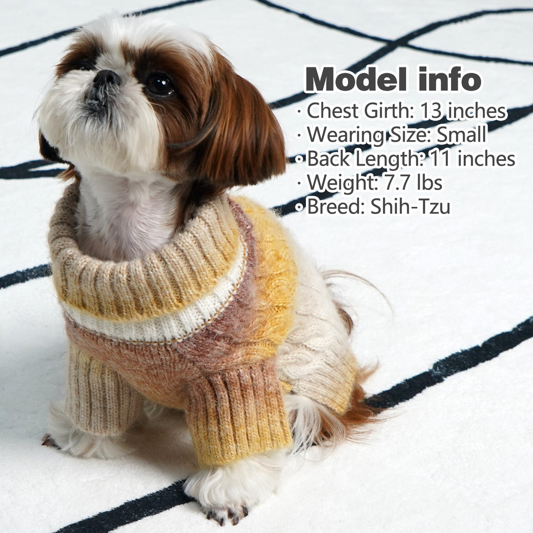 Winter dog sweater on small dog, fuzzy knit gradient tan and brown, ribbed neck.