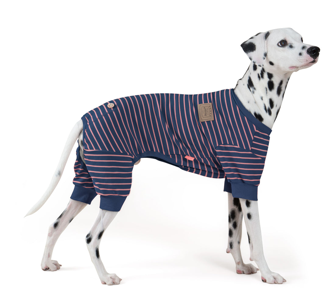 Navy striped dog onesie pajamas with pink lines, round neck, and snap tab chest