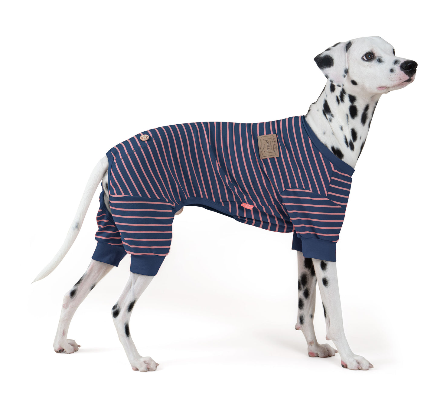 Navy striped dog onesie pajamas with pink lines, round neck, and snap tab chest