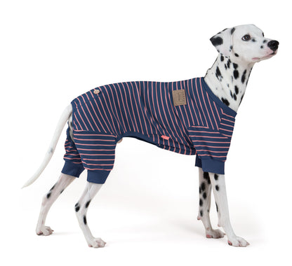 Navy striped dog onesie pajamas with pink lines, round neck, and snap tab chest