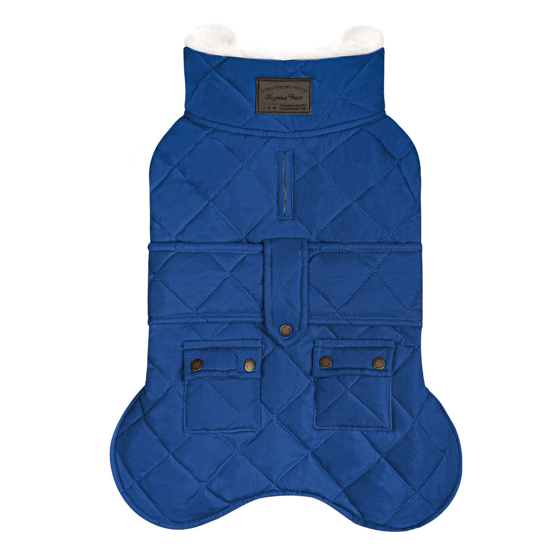 Blue quilted dog coat with hood, front zipper, and four buttoned pockets