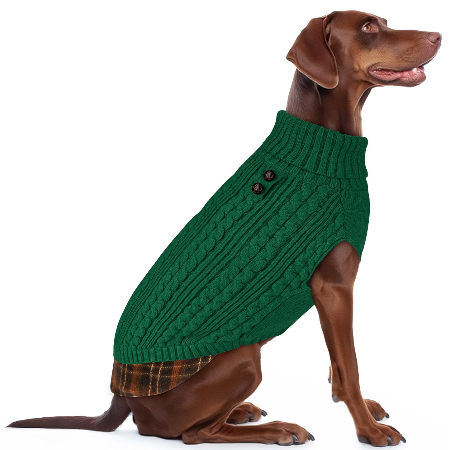 Green cable-knit turtleneck dog sweater with ribbed collar and hem