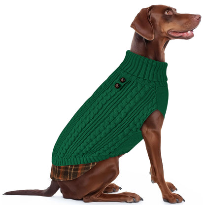 Green cable-knit turtleneck dog sweater with ribbed collar and hem