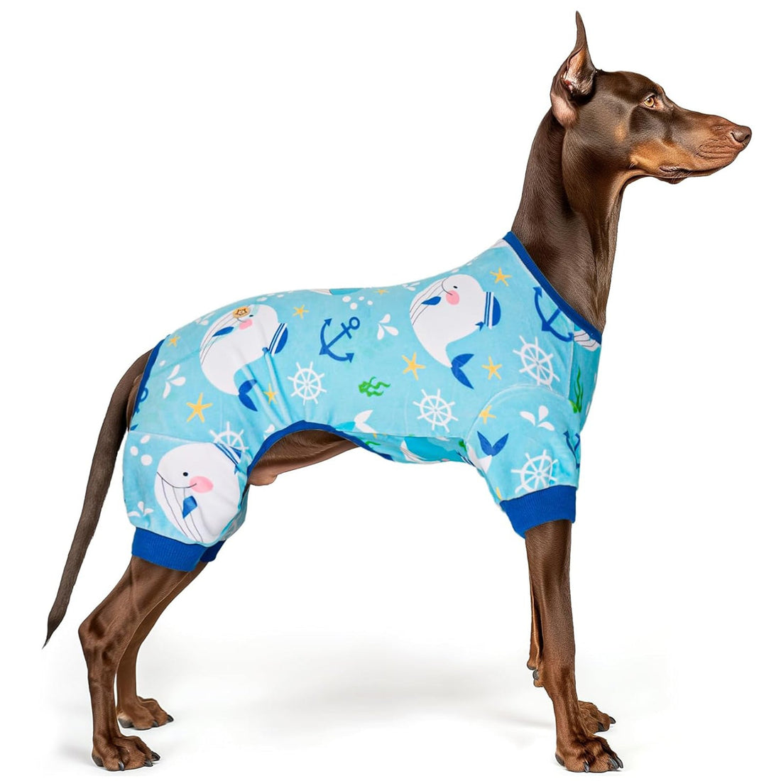 Light blue ocean-print dog onesie pajamas with anchor and whale motifs.