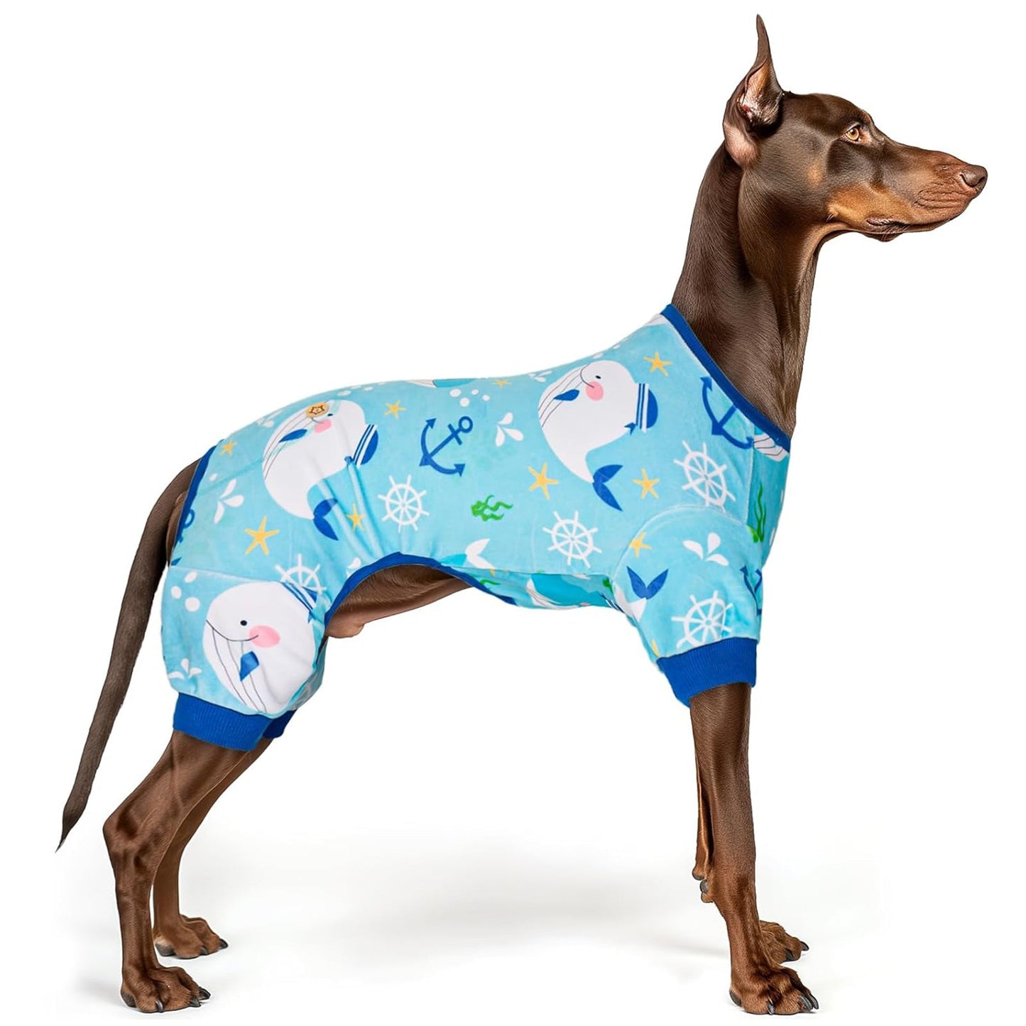 Light blue ocean-print dog onesie pajamas with anchor and whale motifs.