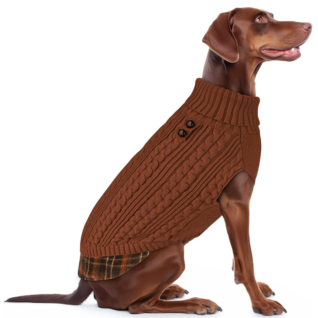 Brown cable-knit dog turtleneck sweater with ribbed collar and two-button detail