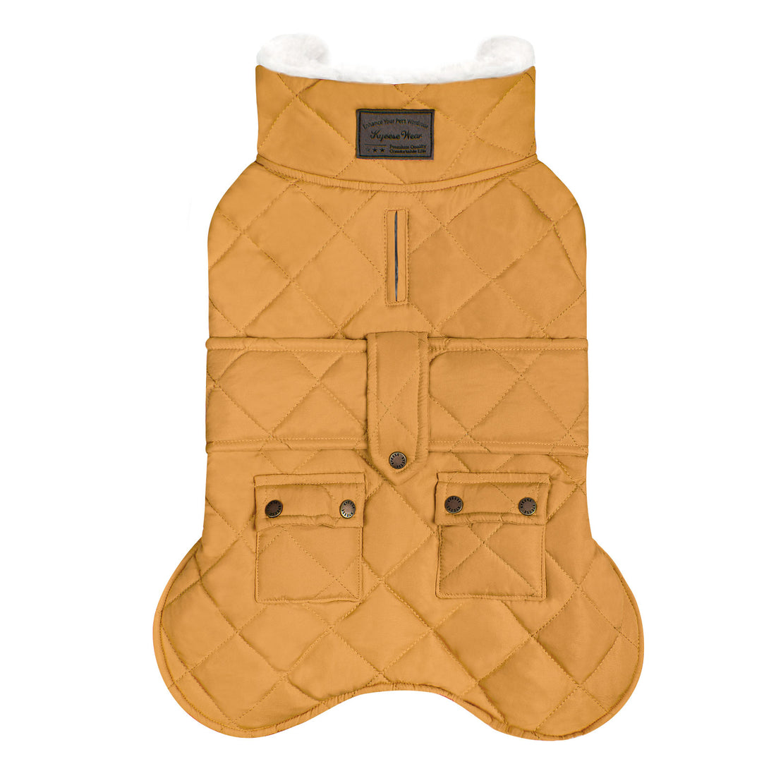 Mustard yellow quilted dog coat with hood, center zip, and two front pockets.