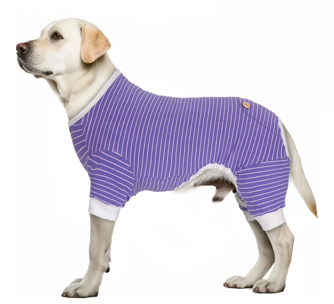 Striped dog onesie pajamas in purple with thin light stripes, ribbed neckline and cuffs