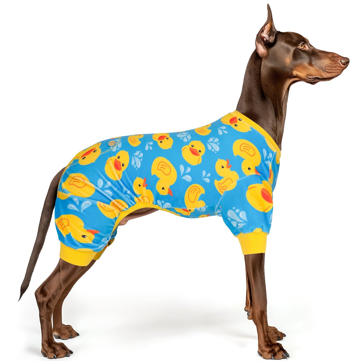 Yellow duck-print dog onesie pajama with ribbed neck and leg cuffs