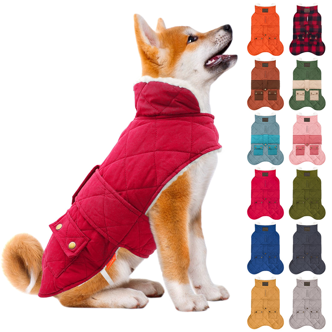 Red quilted dog coat with hood and front pockets, shown with multiple color options