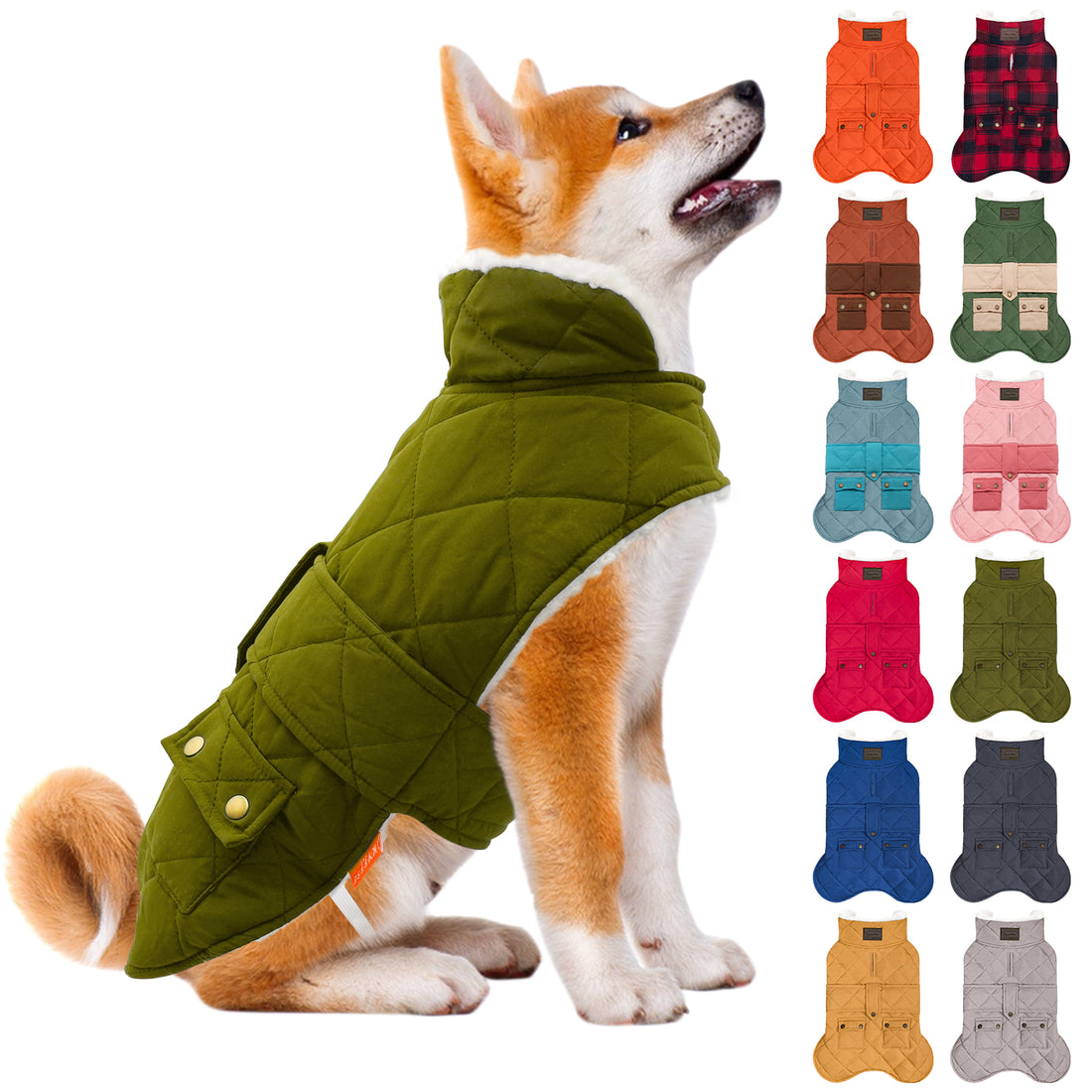 Green quilted dog winter coat with hood and front button straps