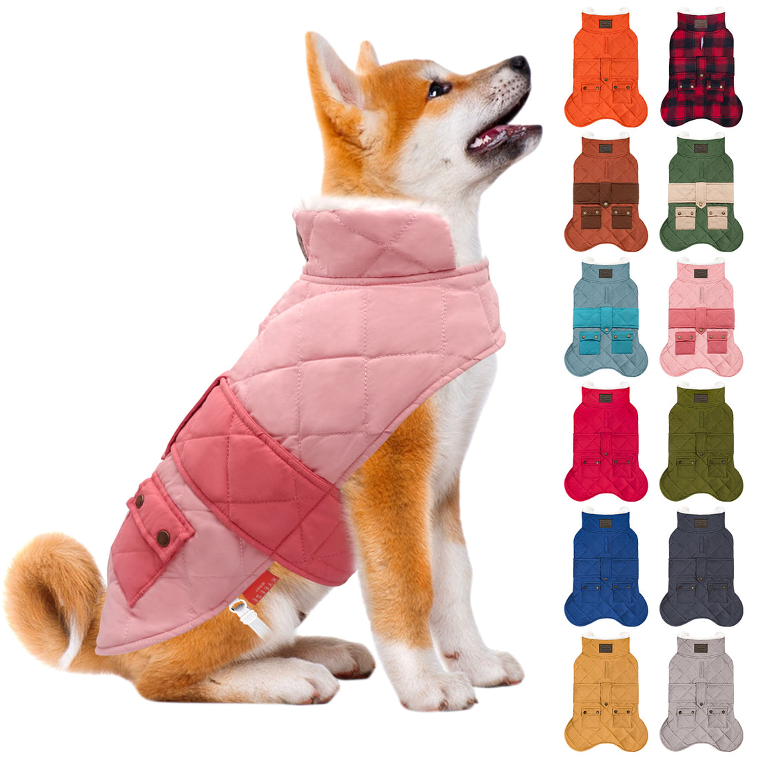Pink quilted dog coat with hood and front pocket, shown with multiple color options