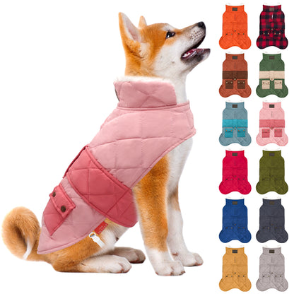Pink quilted dog coat with hood and front pocket, shown with multiple color options