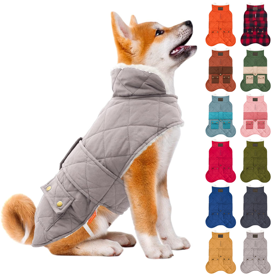 Grey quilted dog coat with hood, diagonal strap, and front pocket; dog wearing it.