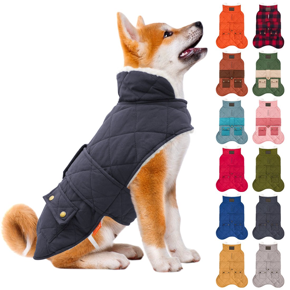 Dark gray quilted dog coat with hood and snap pockets, shown with multiple colors