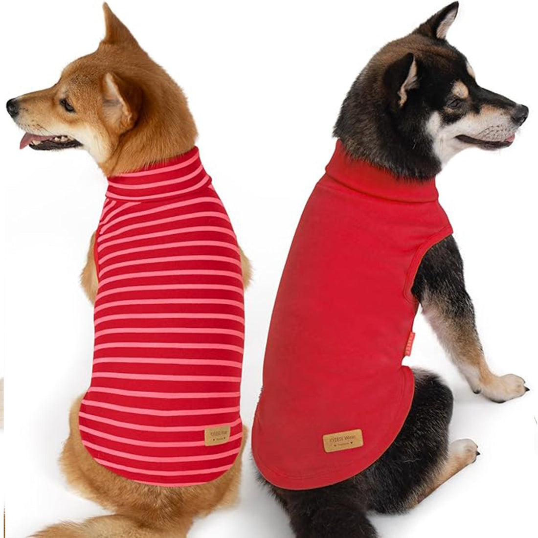 Two dog sweaters: red-and-white striped sleeveless turtleneck and solid red sleeveless turtleneck