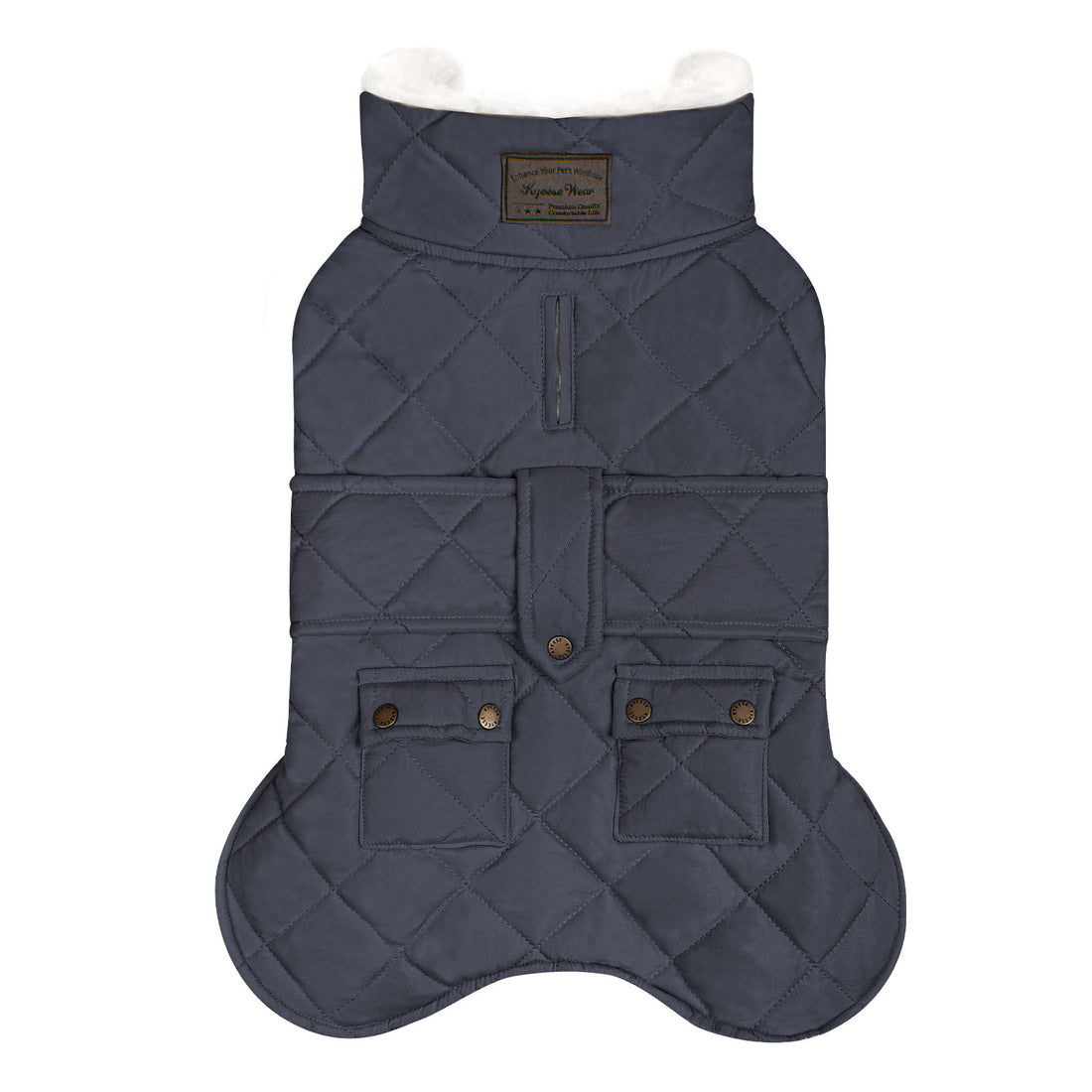Navy quilted dog coat with hood, front zipper placket, and two chest pockets