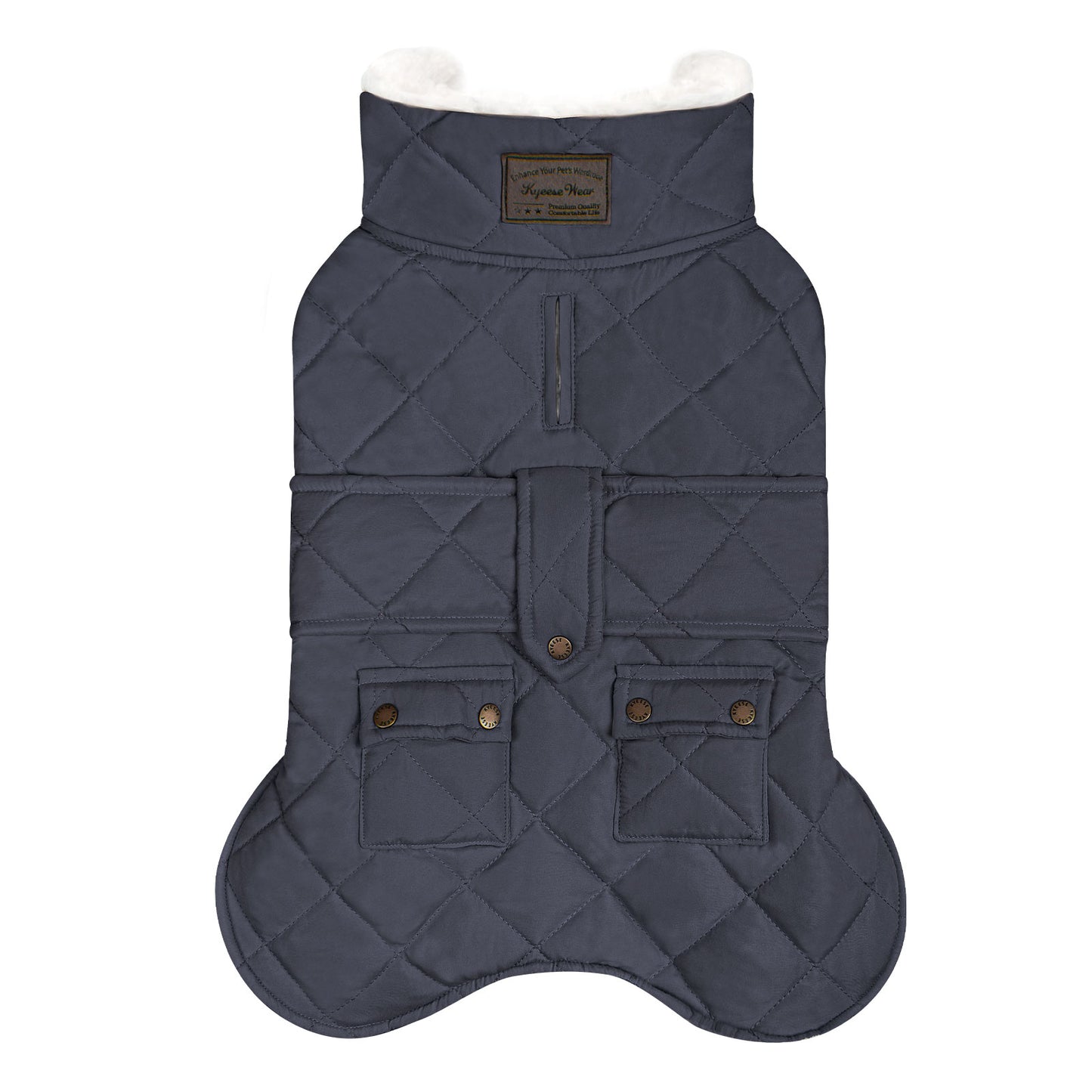 Navy quilted dog coat with hood, front zipper placket, and two chest pockets