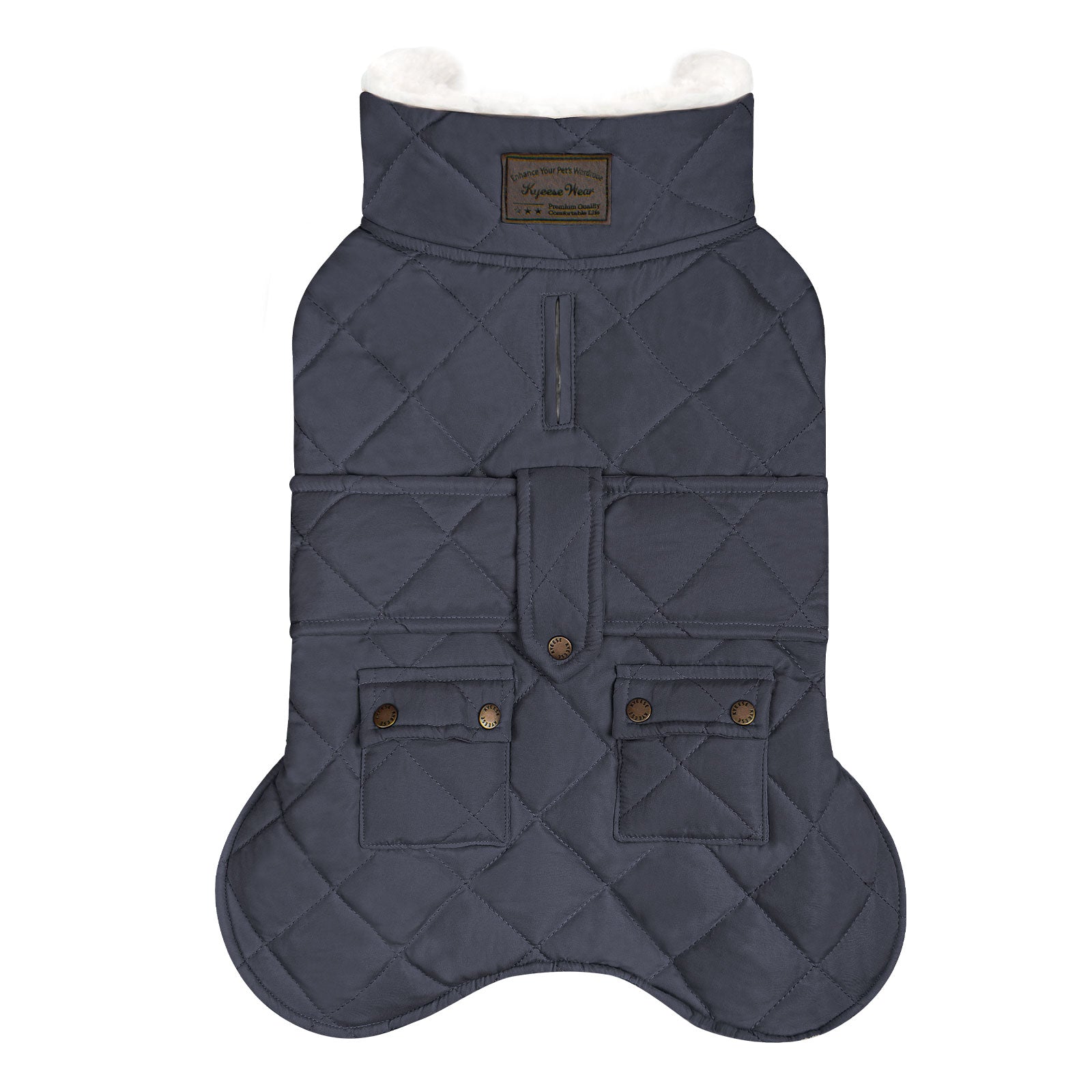 Navy quilted dog coat with hood, front zipper placket, and two chest pockets