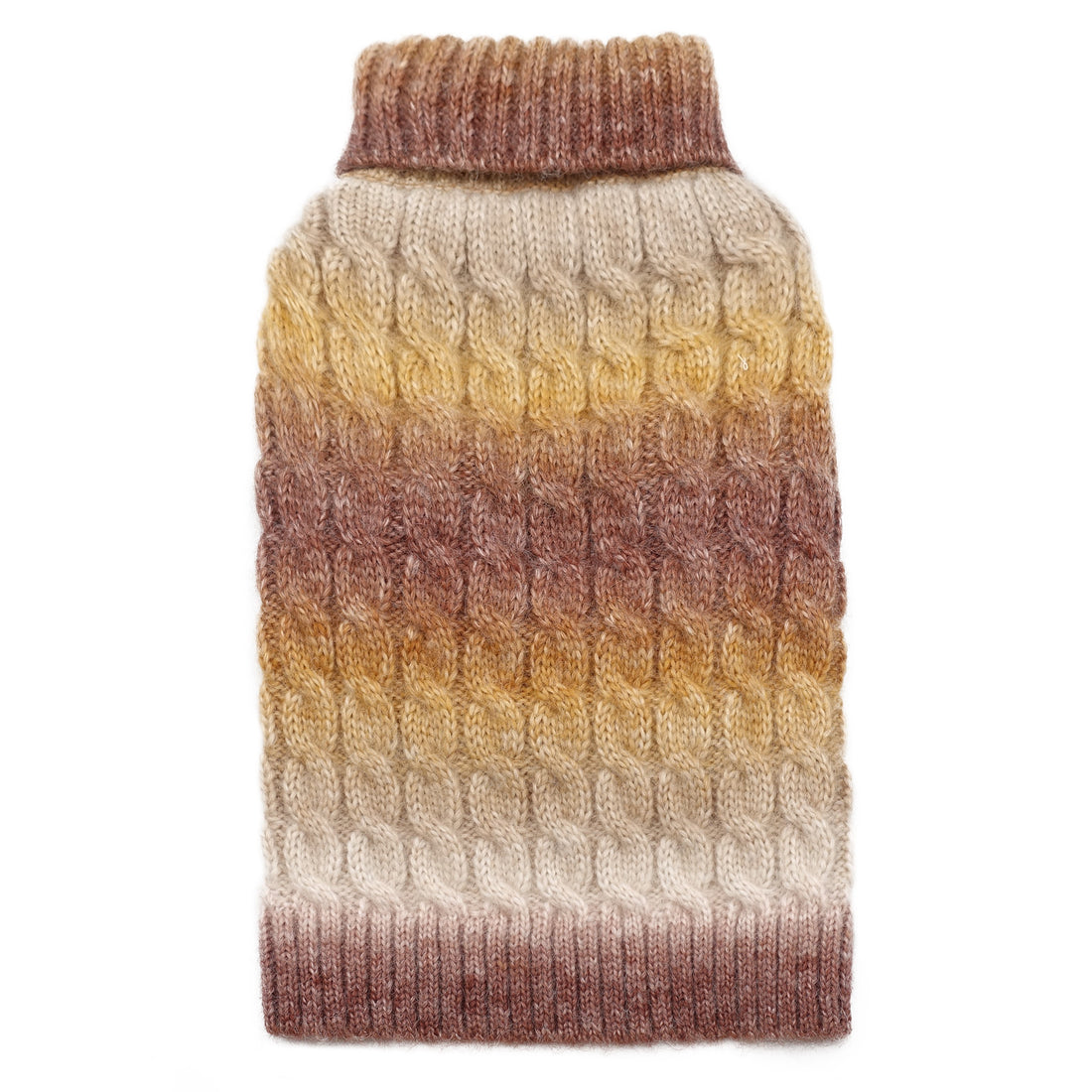 Brown and tan gradient ribbed cable-knit dog sweater with turtleneck, back view